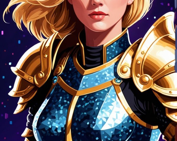 Female warrior in blue and gold armor with cosmic backdrop