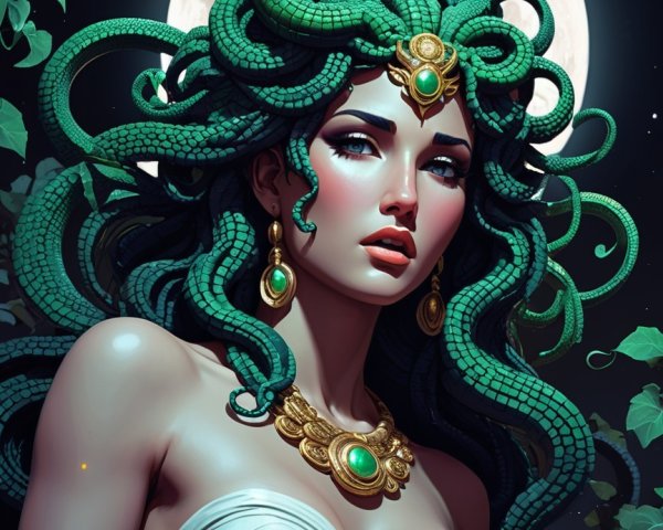 Mythical figure with serpentine hair and moonlit backdrop