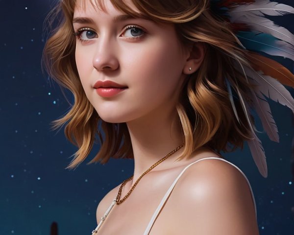 Young woman in flowing dress under starry night sky
