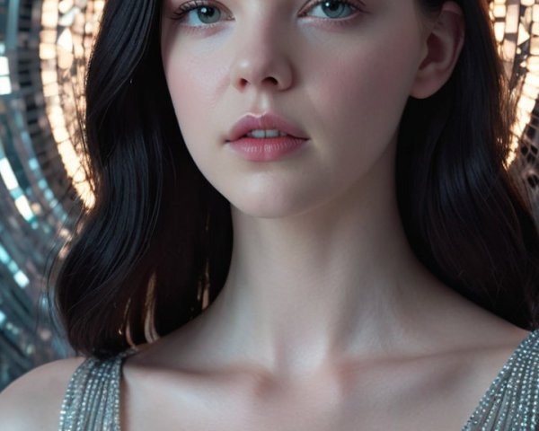 Young woman in silver top with sparkling mirror backdrop