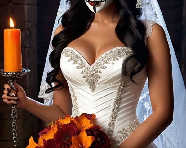 Elegant Bride in Dramatic Setting with Flowers and Candle