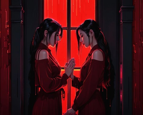 Two women in crimson dresses in a glowing red setting