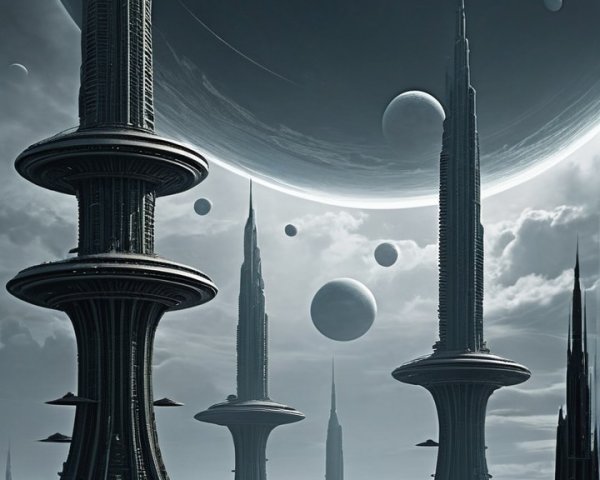 Futuristic landscape with spires and celestial bodies