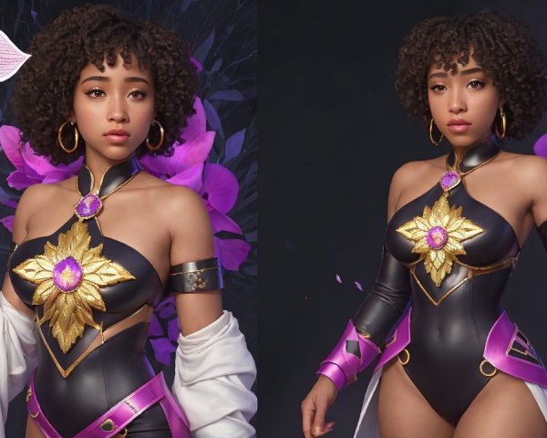 Character in Black and Purple Outfit with Floral Staff