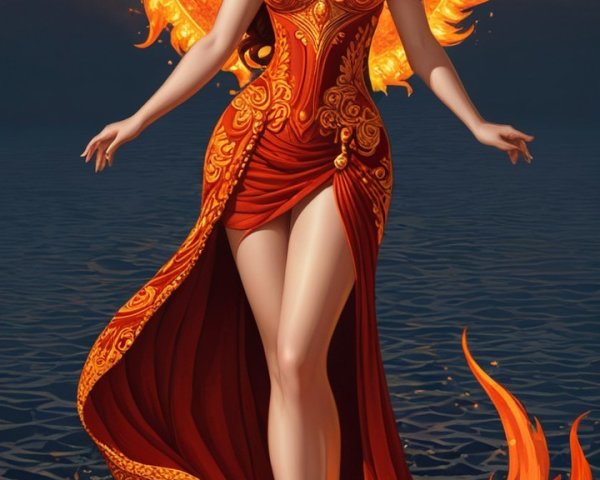 Mystical Figure in Red Gown Surrounded by Flames