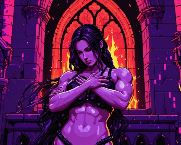 Gothic Character in Fiery Setting with Stained Glass