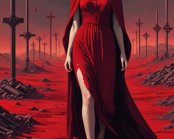Woman in Red Dress on Blood-Red Path in Dark Landscape