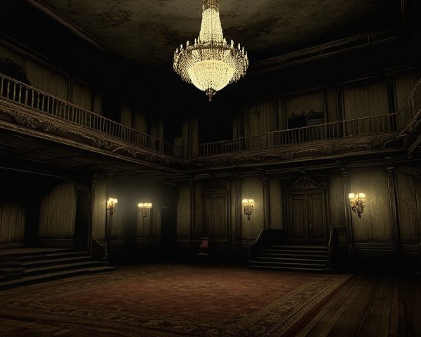 Opulent dimly lit ballroom with vintage charm