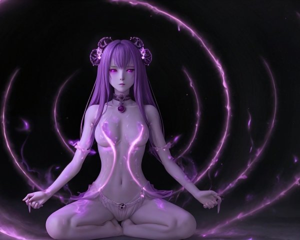 Serene figure with purple hair in meditative pose