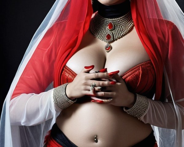 Striking Figure in Red and Black Attire with Veil