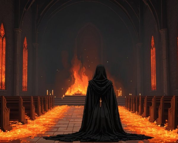 Gothic Cathedral with Cloaked Figure and Inferno