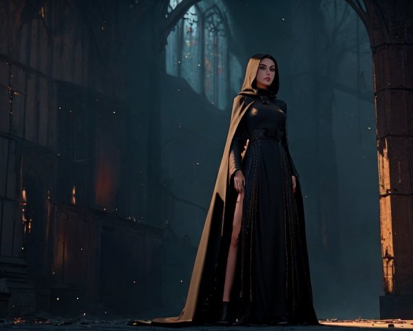 Mysterious Figure in Gothic Cathedral Setting