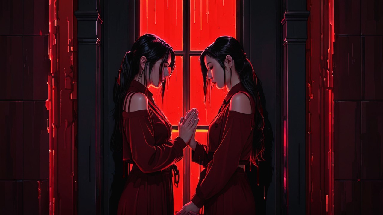 Two women in crimson dresses in a glowing red setting