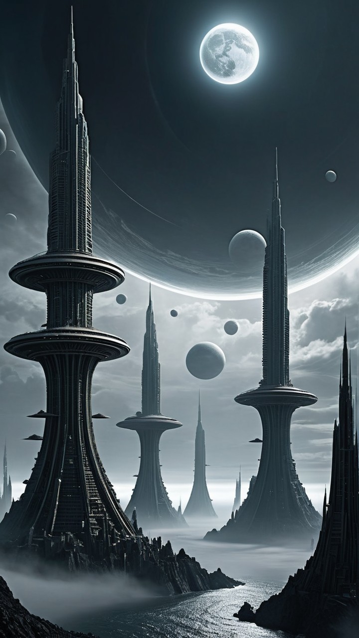 Futuristic landscape with spires and celestial bodies