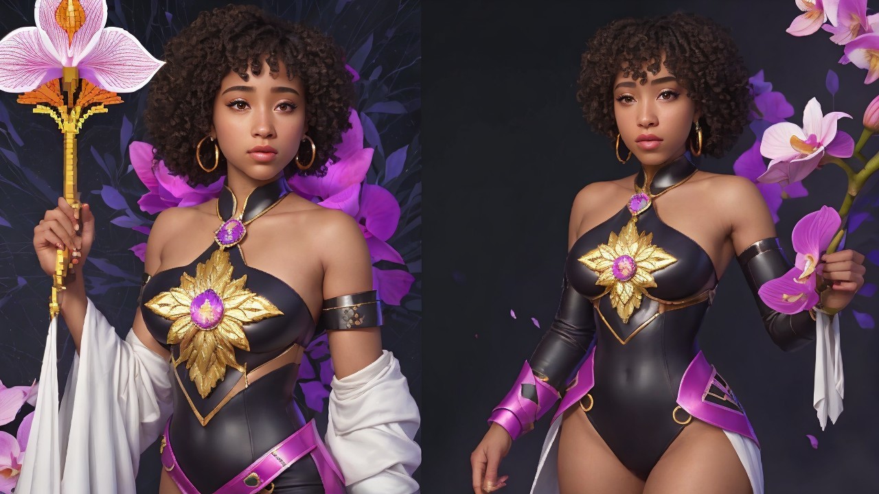 Character in Black and Purple Outfit with Floral Staff