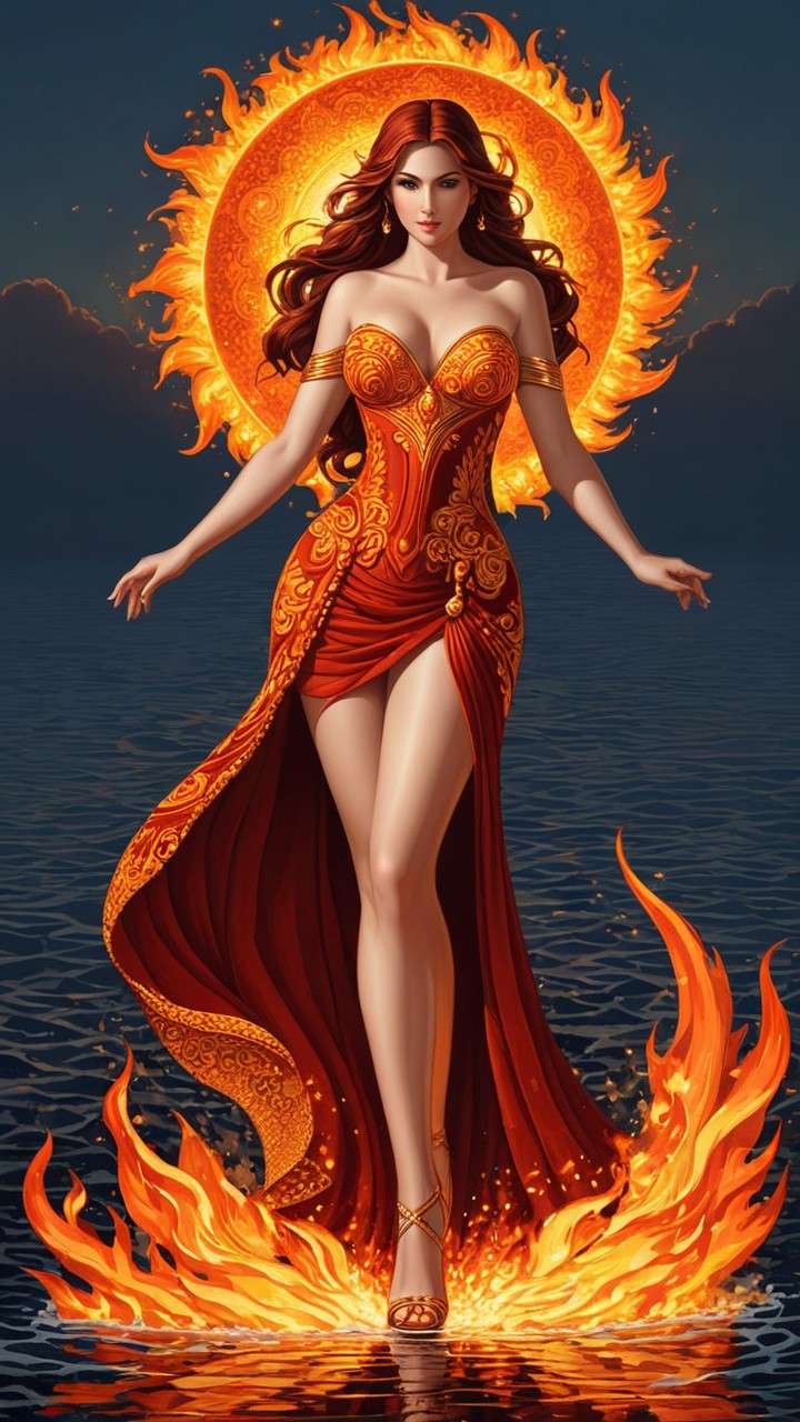 Mystical Figure in Red Gown Surrounded by Flames