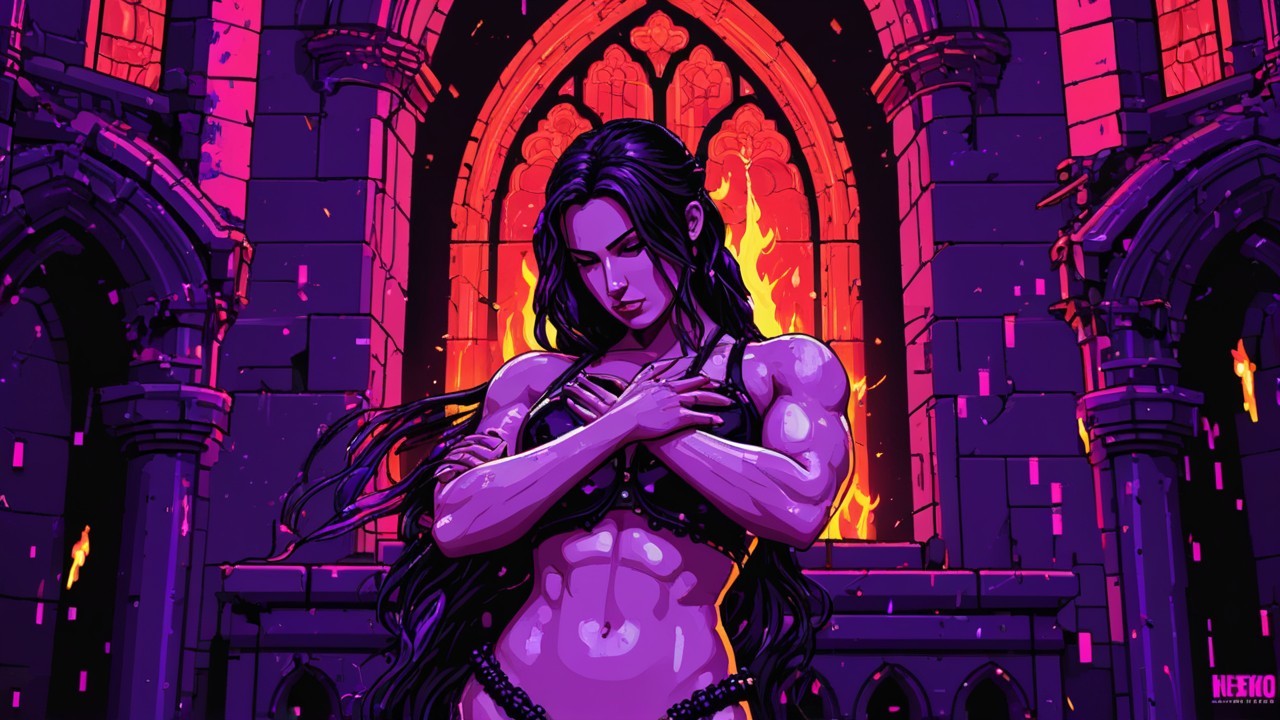 Gothic Character in Fiery Setting with Stained Glass