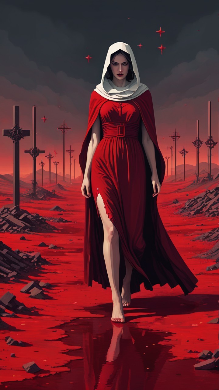Woman in Red Dress on Blood-Red Path in Dark Landscape