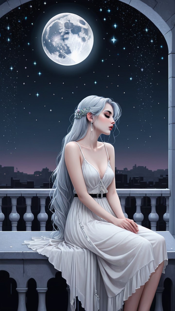 Serene Woman in White Gown Gazing at Full Moon