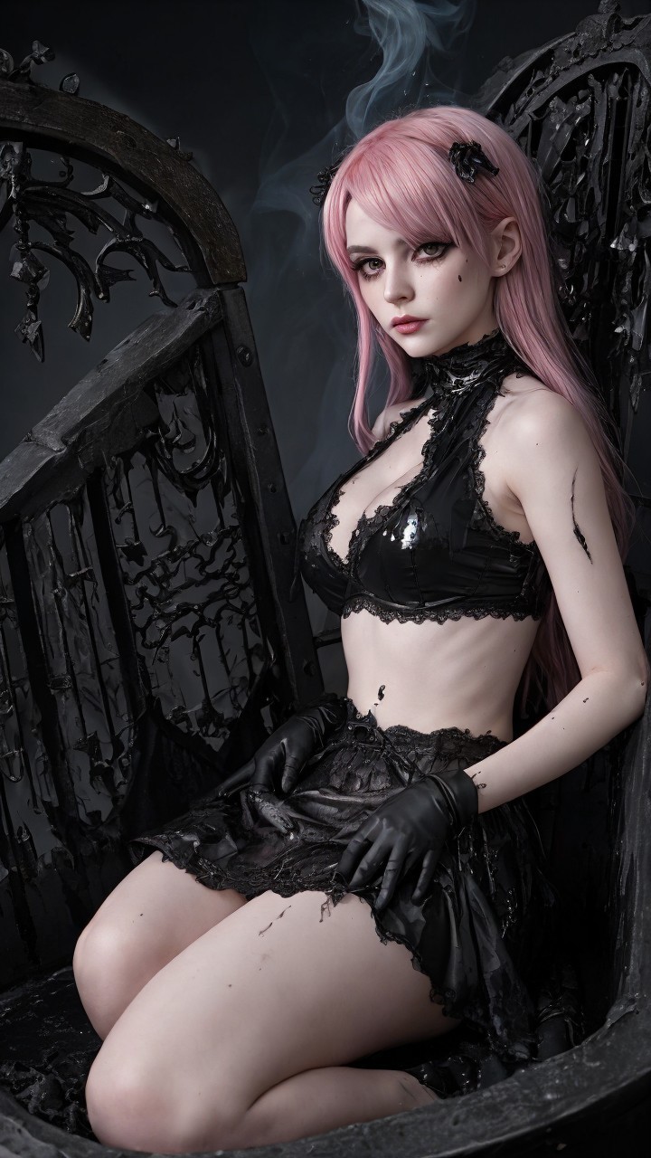 Gothic Figure in Dark Outfit with Pink Hair and Smoke