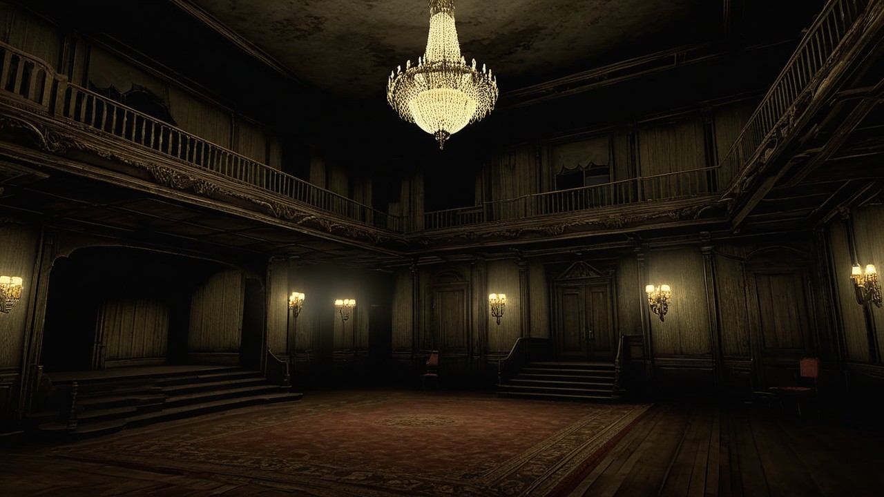 Opulent dimly lit ballroom with vintage charm