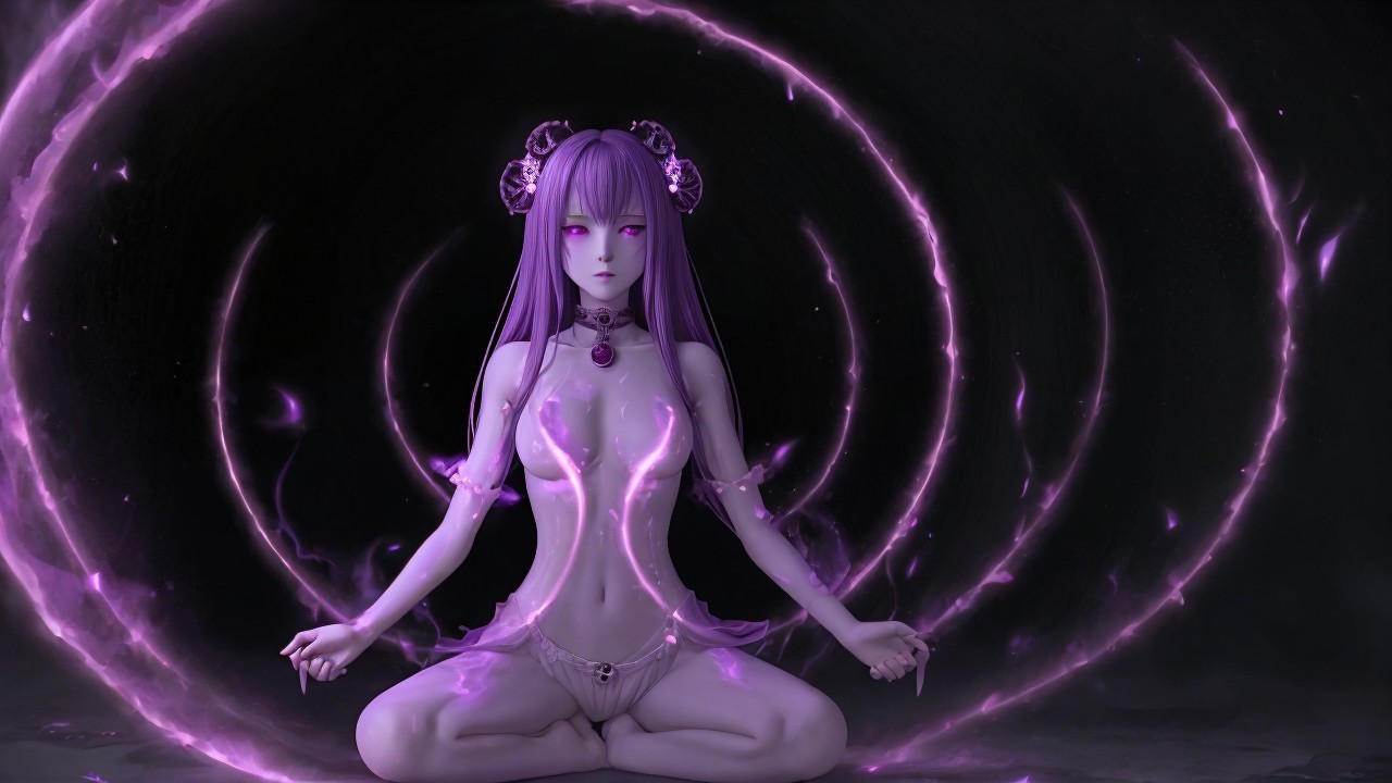 Serene figure with purple hair in meditative pose