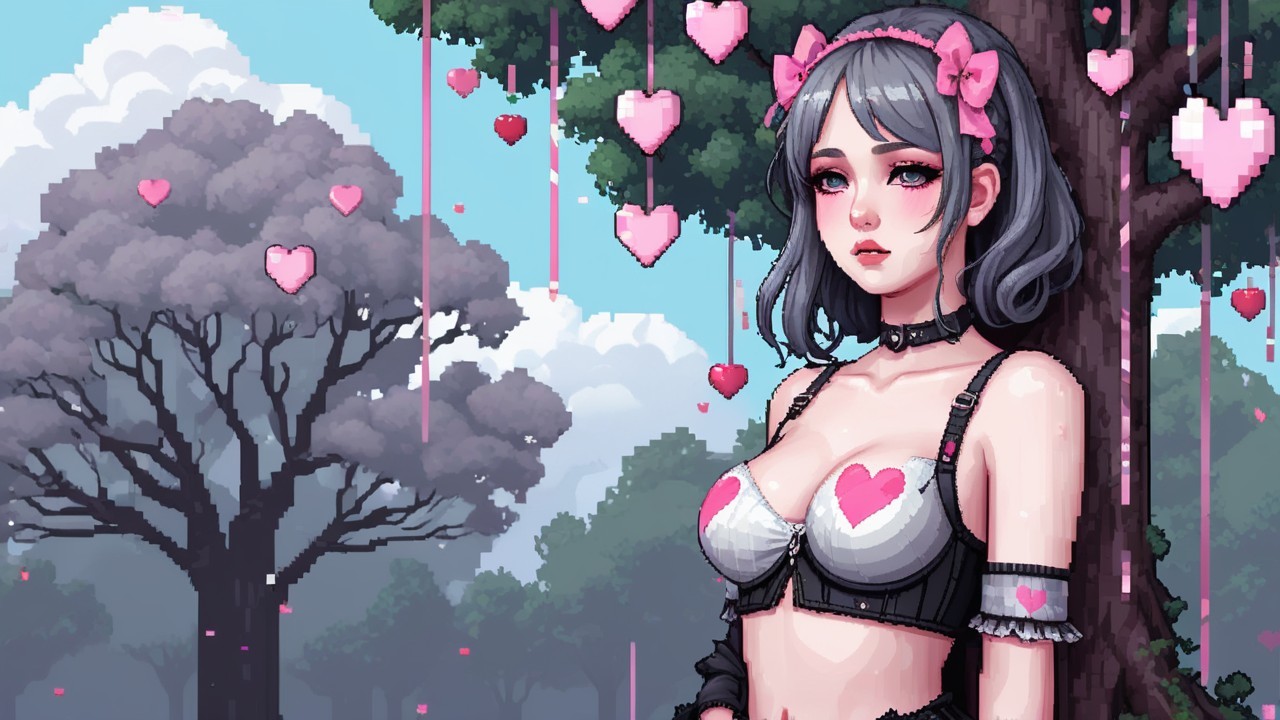 Pixel Art Scene of Girl Under Heart-Shaped Tree