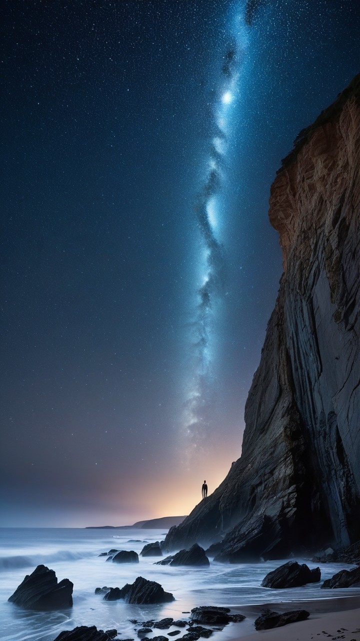 Solitary Figure on Rocky Shoreline Under Night Sky