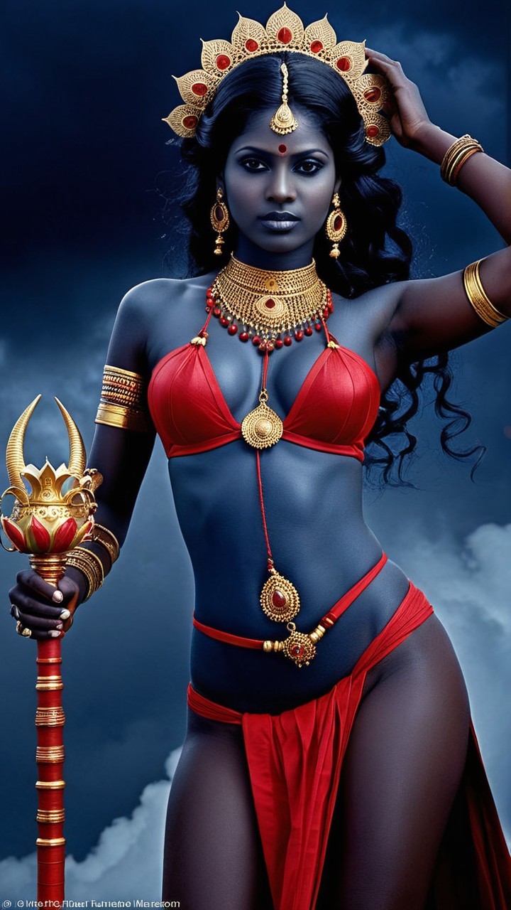 Vibrant Red Attire and Golden Jewelry Against Clouds