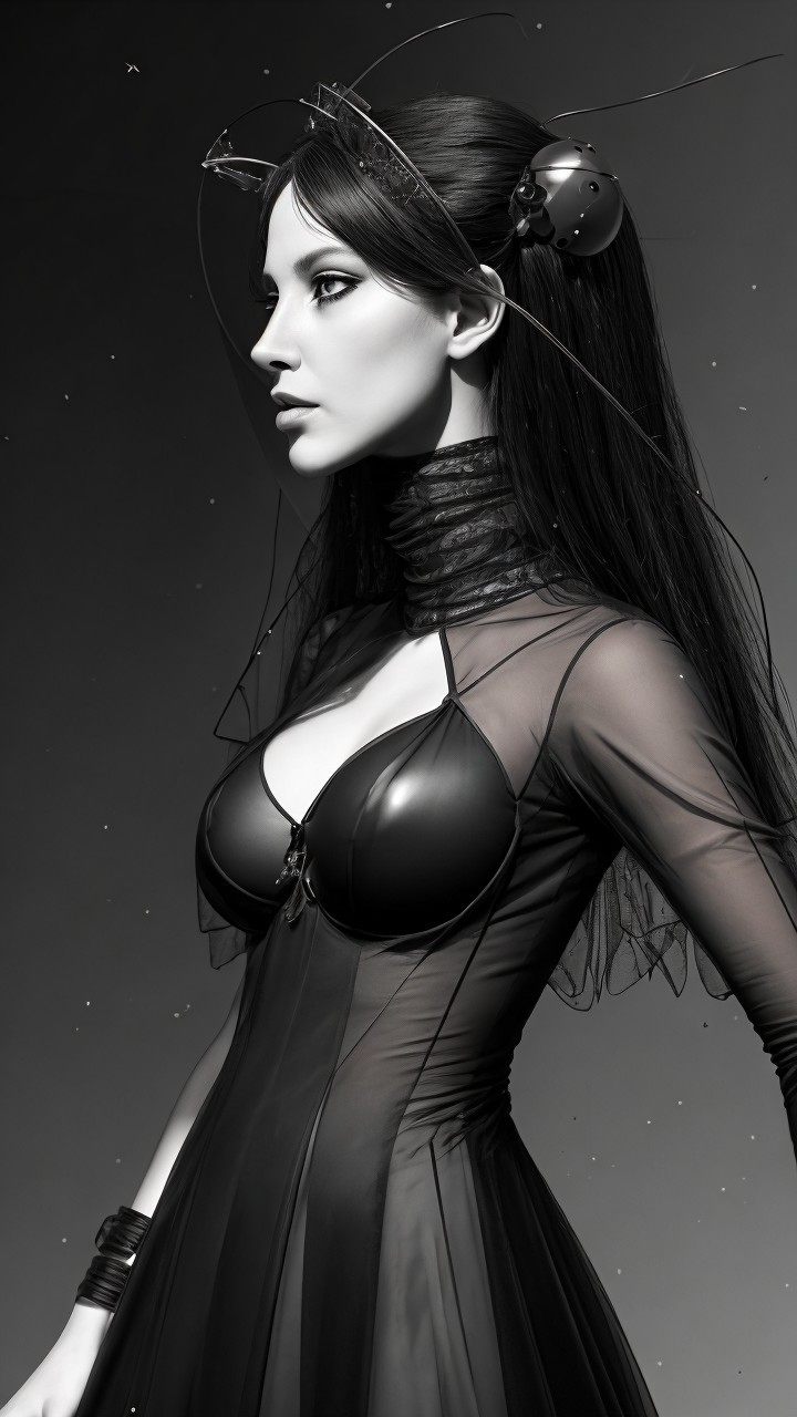 Black and White Portrait of Model in Sheer Dress