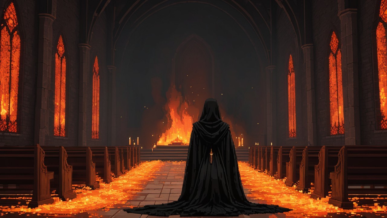 Gothic Cathedral with Cloaked Figure and Inferno