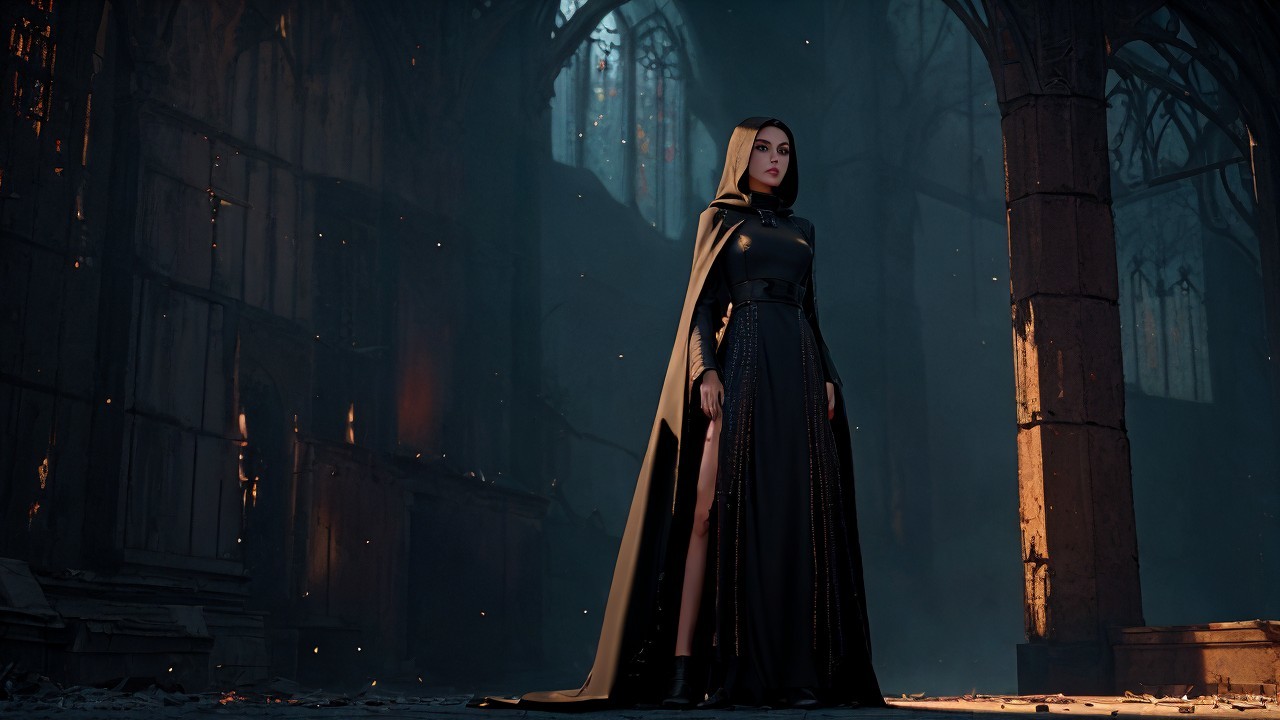 Mysterious Figure in Gothic Cathedral Setting