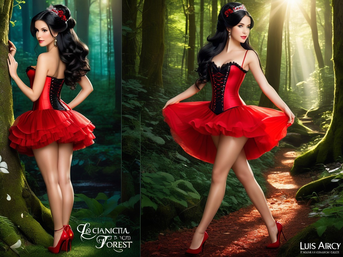 Vibrant Red Corset Dress in Enchanted Forest Setting