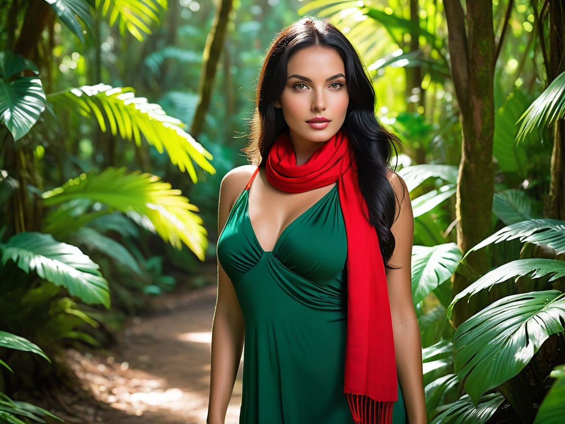 Woman in Green Dress Amid Tropical Jungle Foliage