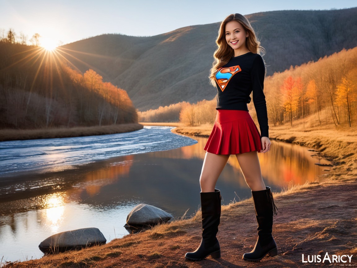 Young woman by river at sunset in stylish outfit