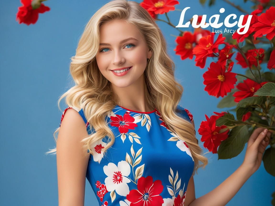 Young woman in blue dress with floral patterns
