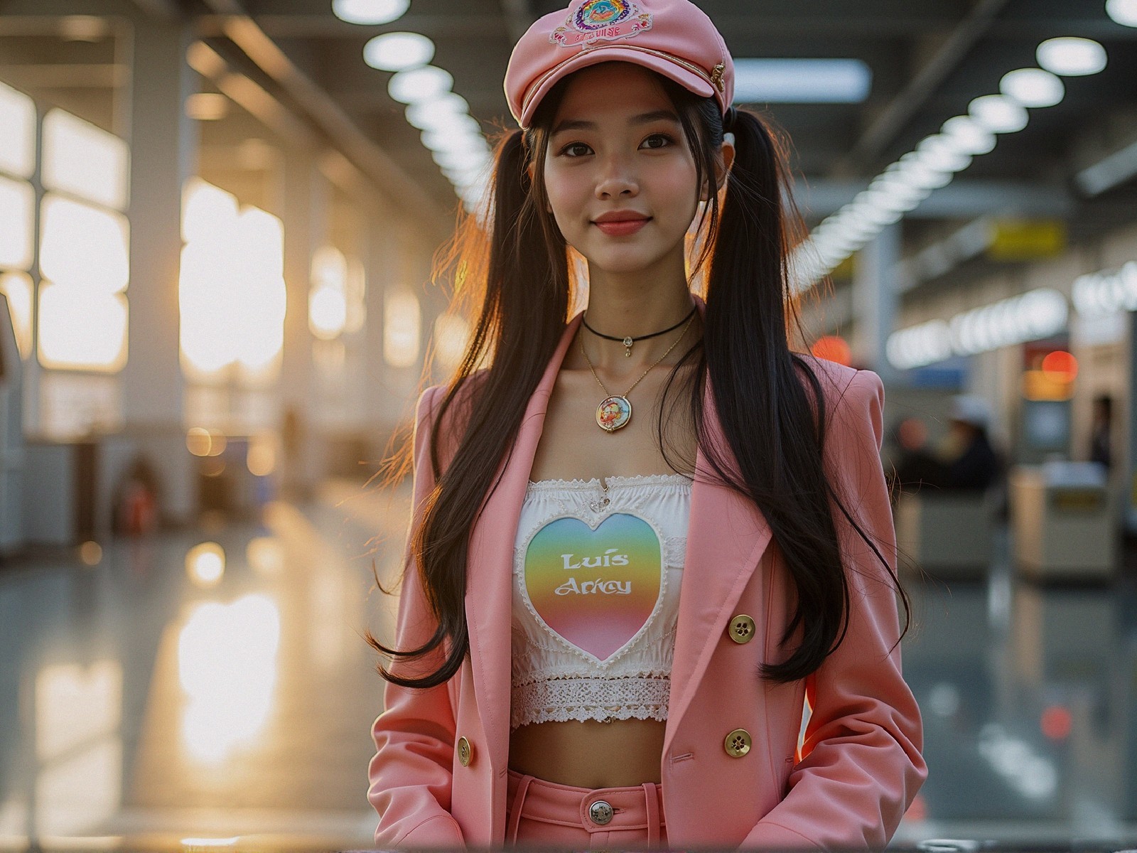 Young woman in pink suit with playful pigtails