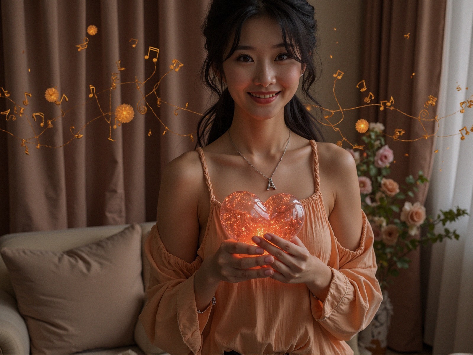 Young woman with glowing heart in cozy room setting