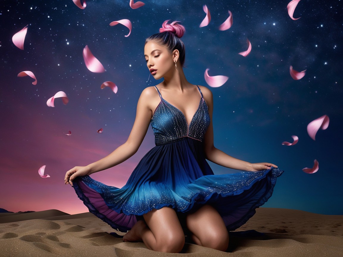 Young woman in blue ombre dress in desert twilight
