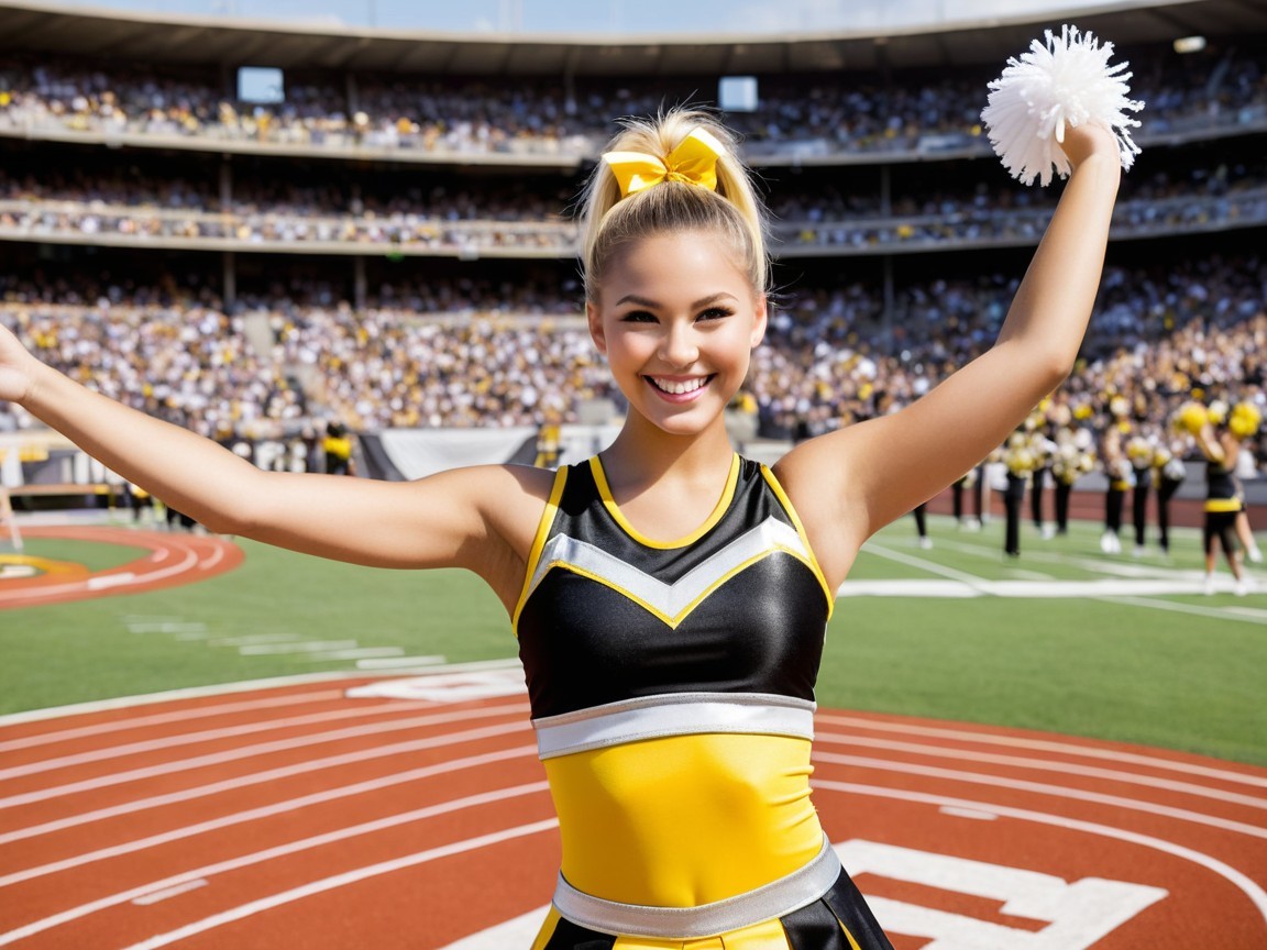 Cheerleader in Black and Yellow Uniform at Stadium