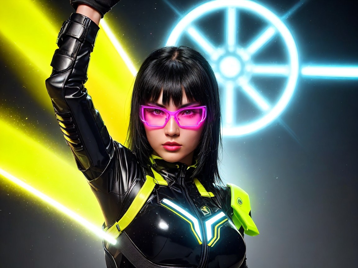 Fierce Female Figure in Futuristic Black Outfit