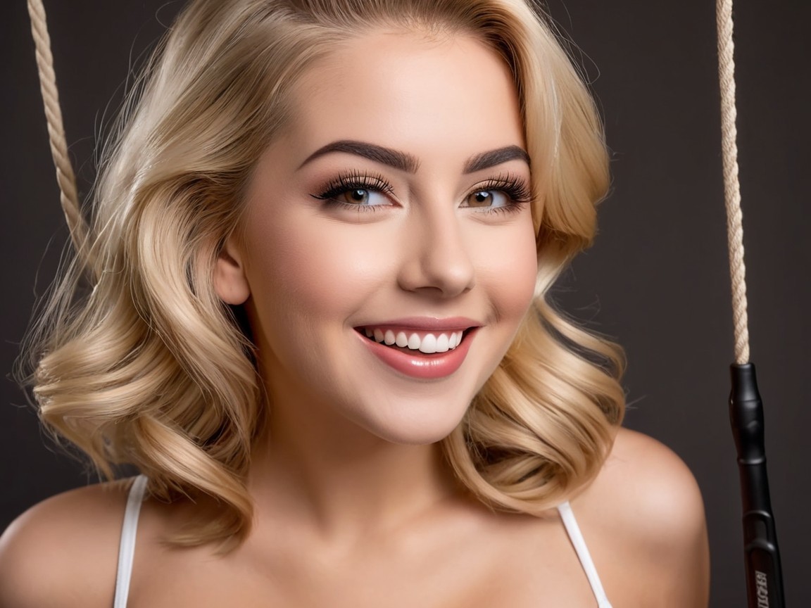 Young woman with blonde hair and playful expression