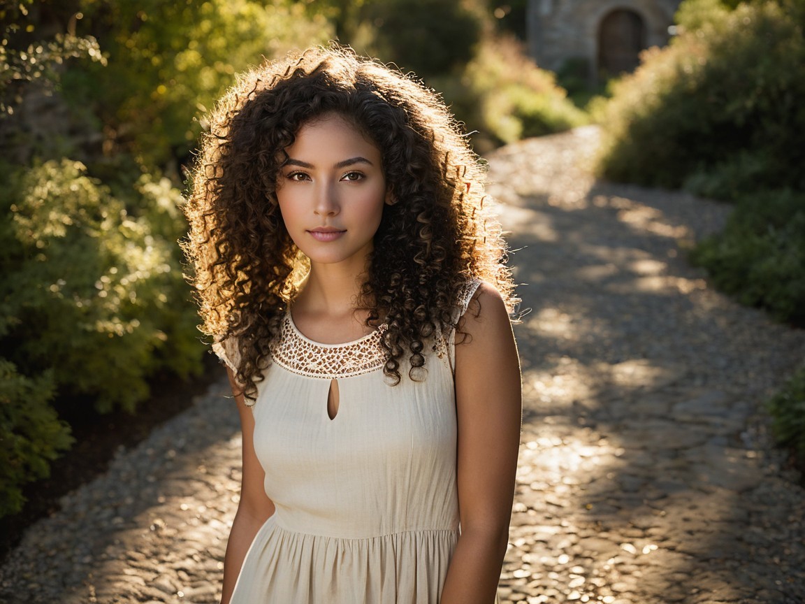 Young Woman in Elegant Dress on Sunlit Path