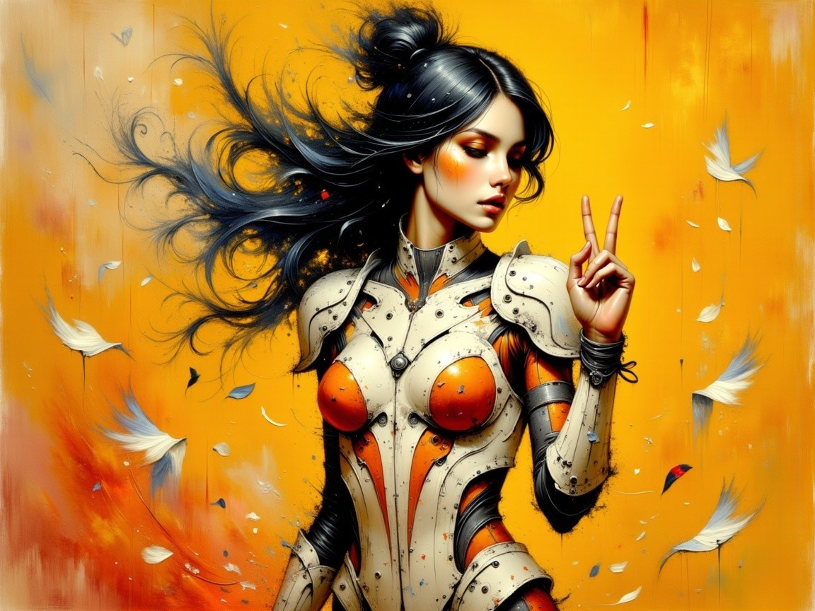 Futuristic female figure in armored suit with feathers