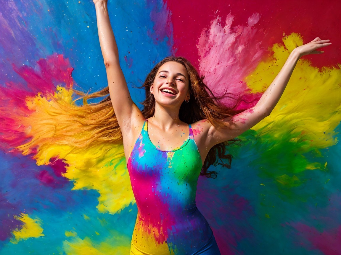 Joyful Young Woman Celebrating in Colorful Backdrop