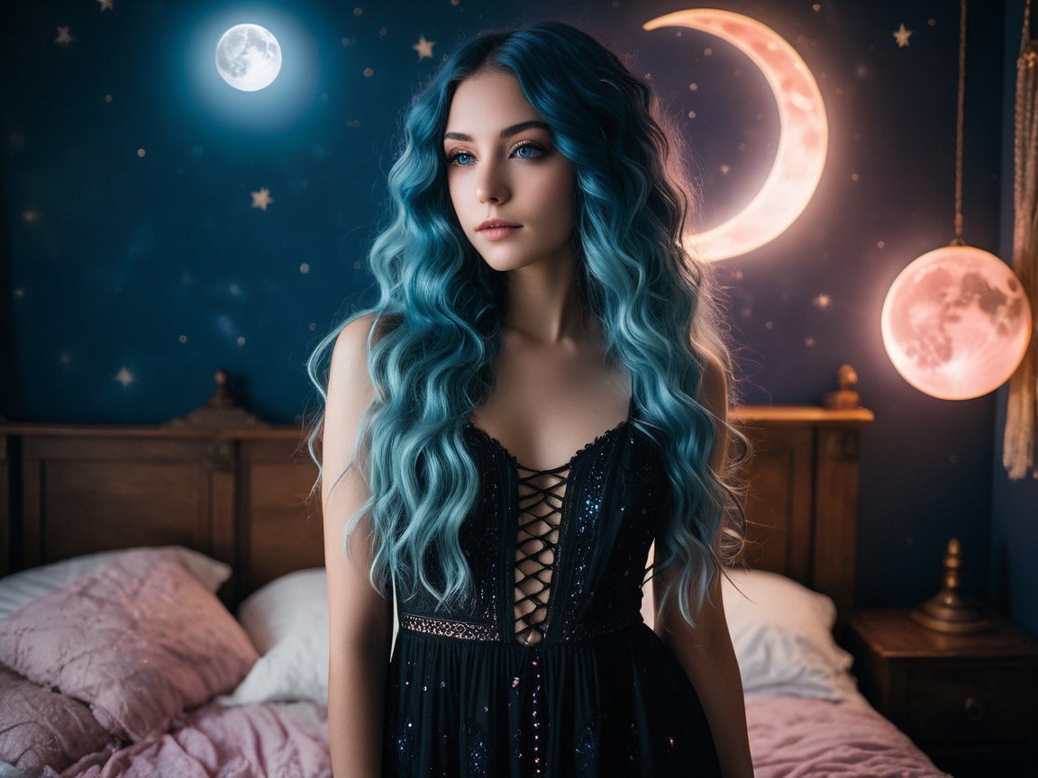 Young woman with blue hair in celestial-themed room