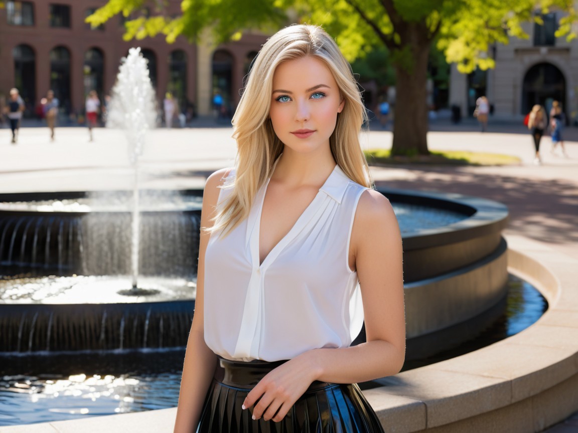 Young Woman Posing by Fountain in Vibrant Plaza
