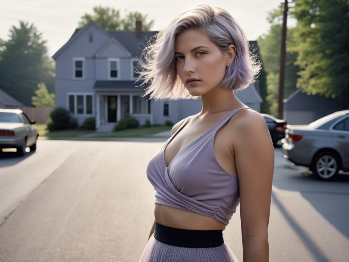 Young Woman in Lavender Outfit on Suburban Street