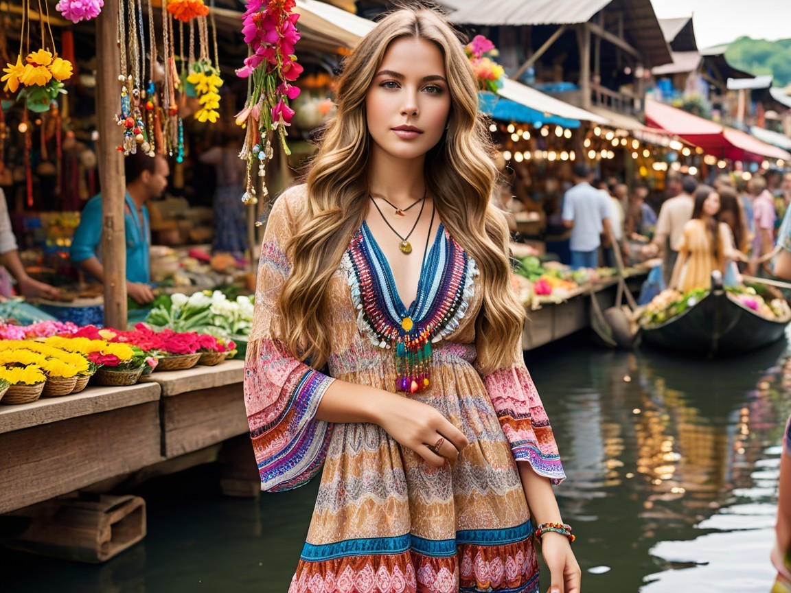 Young Woman in Vibrant Market by Water with Flowers