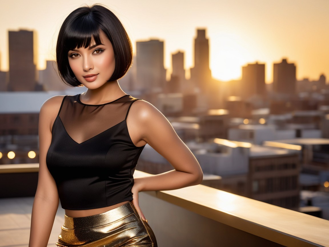 Young Woman with Bob Haircut on Rooftop at Sunset
